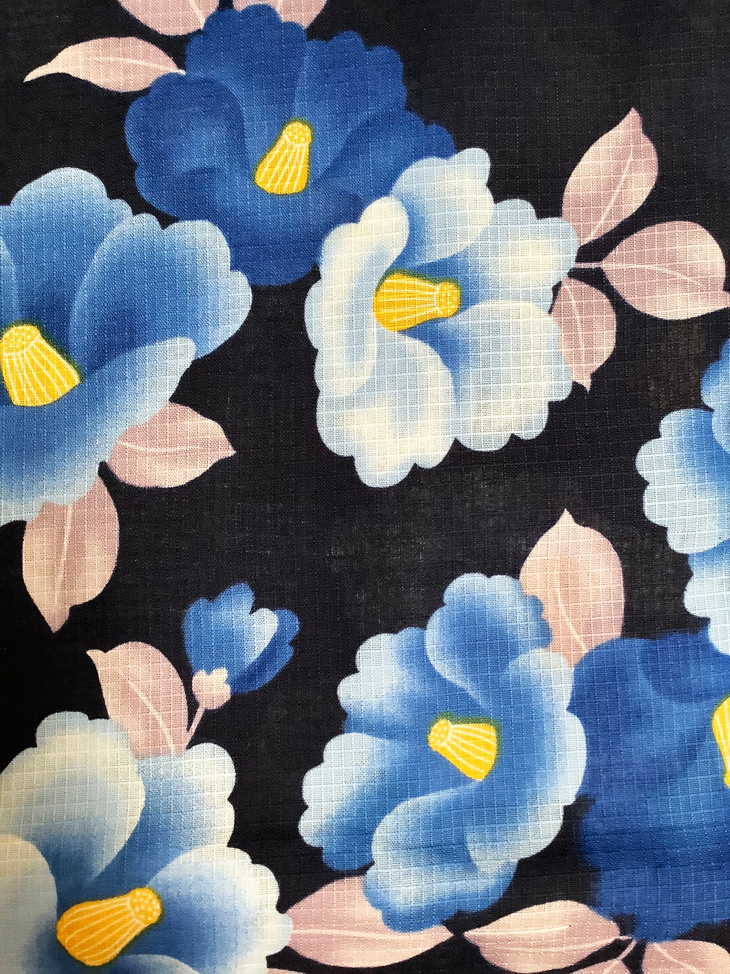 Yukata Kimono - Blue Camellia Flowers Black