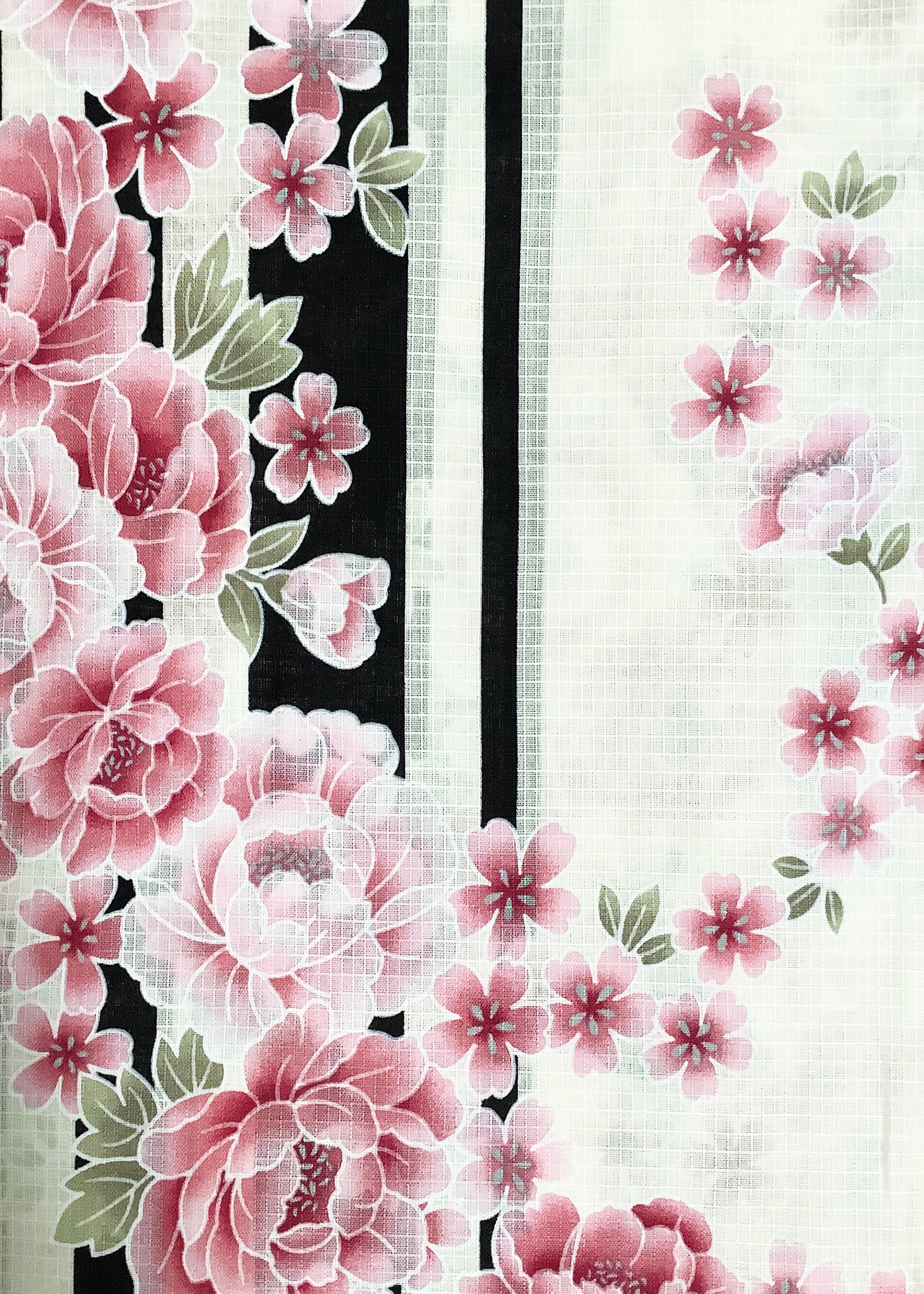 Yukata Kimono - Pink Chrysanthemum and Cherry Blossoms Stripes White