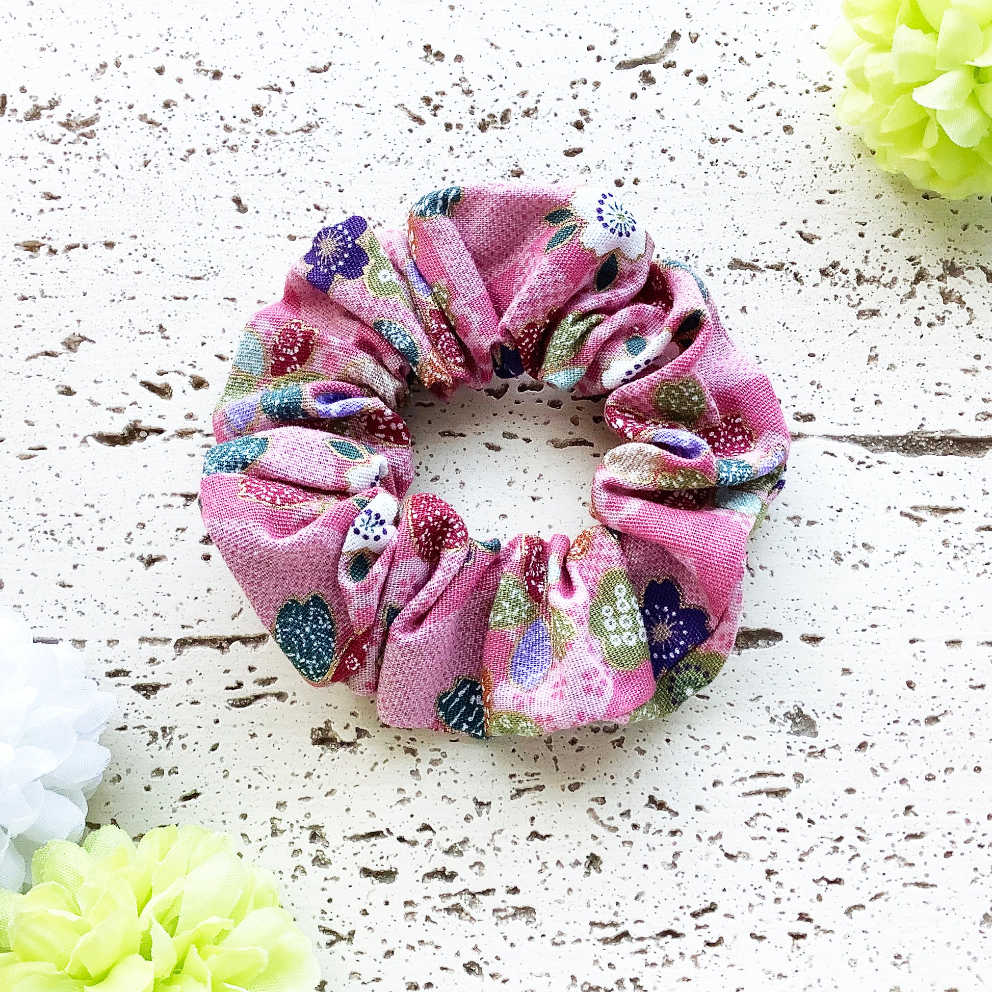 Fabric Scrunchie - Cherry Blossoms in Pink with Golden Accents