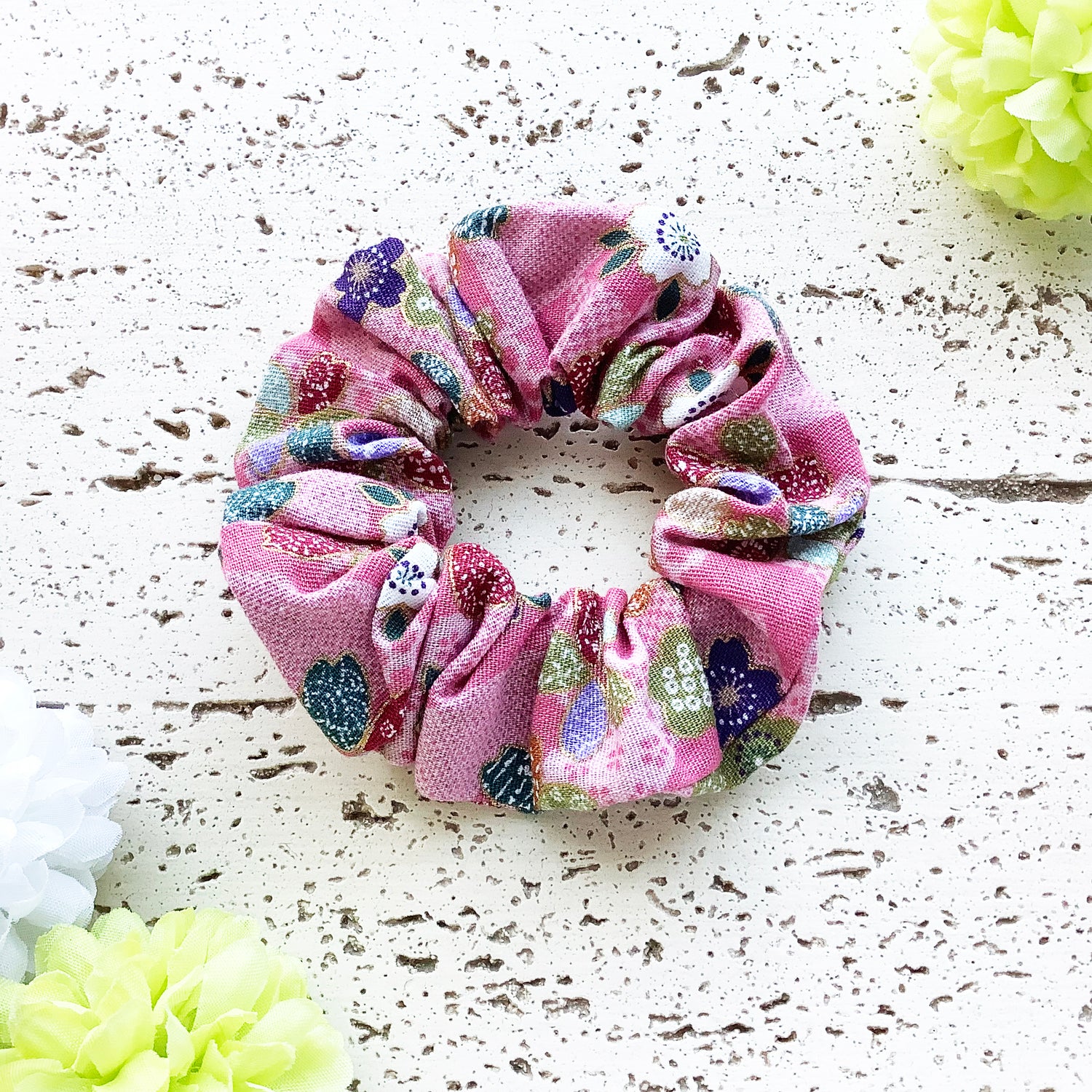 Fabric Scrunchie - Cherry Blossoms in Pink with Golden Accents