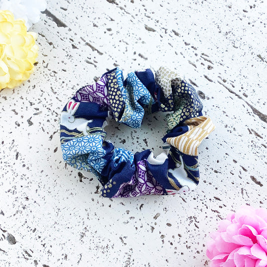 Fabric Scrunchie - Japanese Patterns with Gold Accents Blue