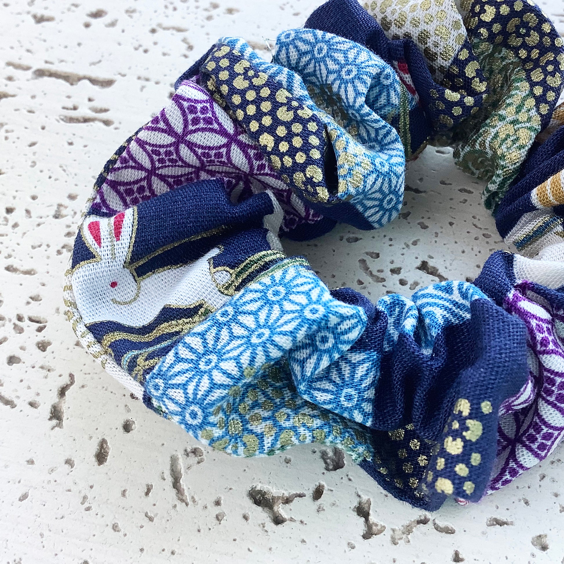 Fabric Scrunchie - Japanese Patterns with Gold Accents Blue