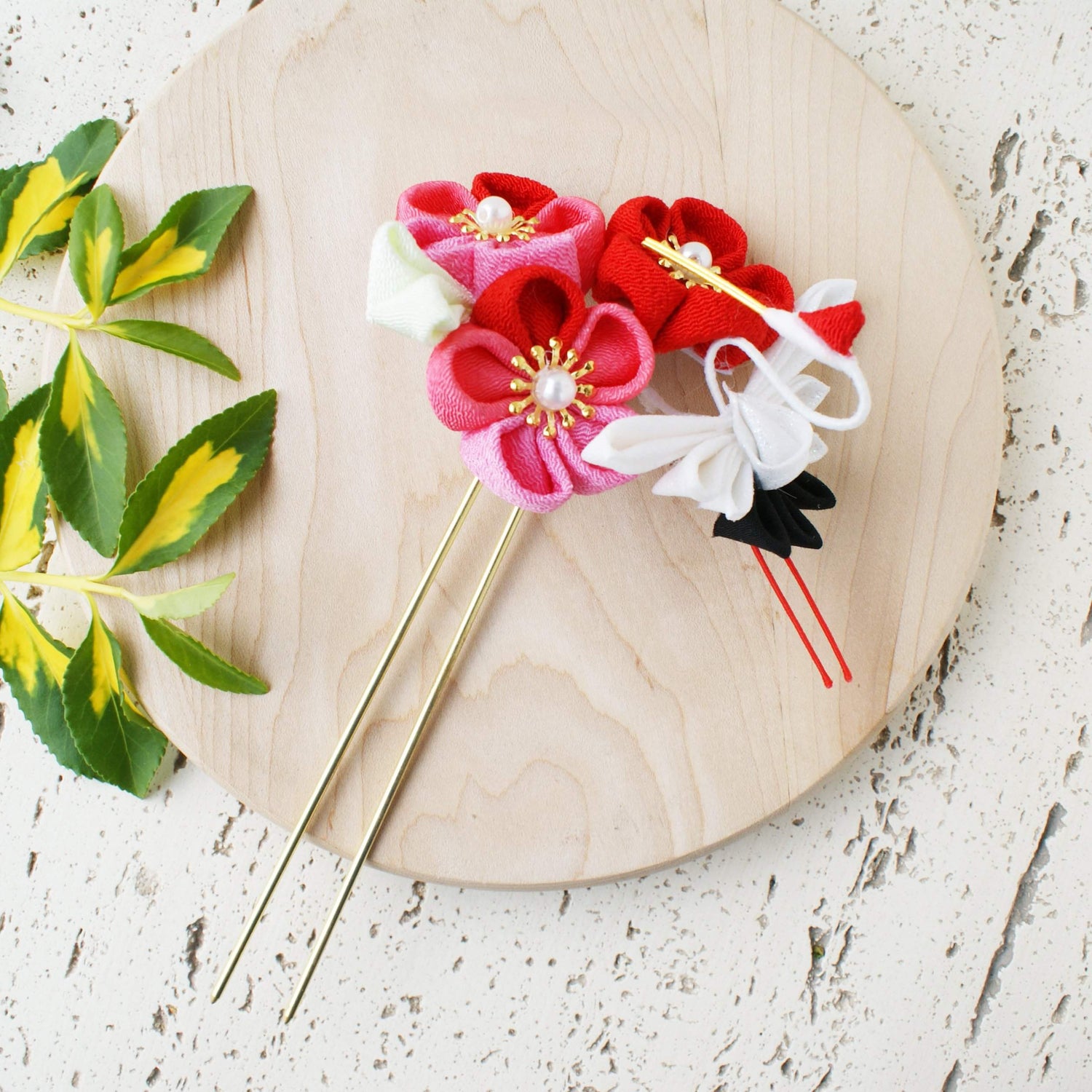 Japanese Crane with Plum Blossom Kanzashi Flower Hair Stick - Full