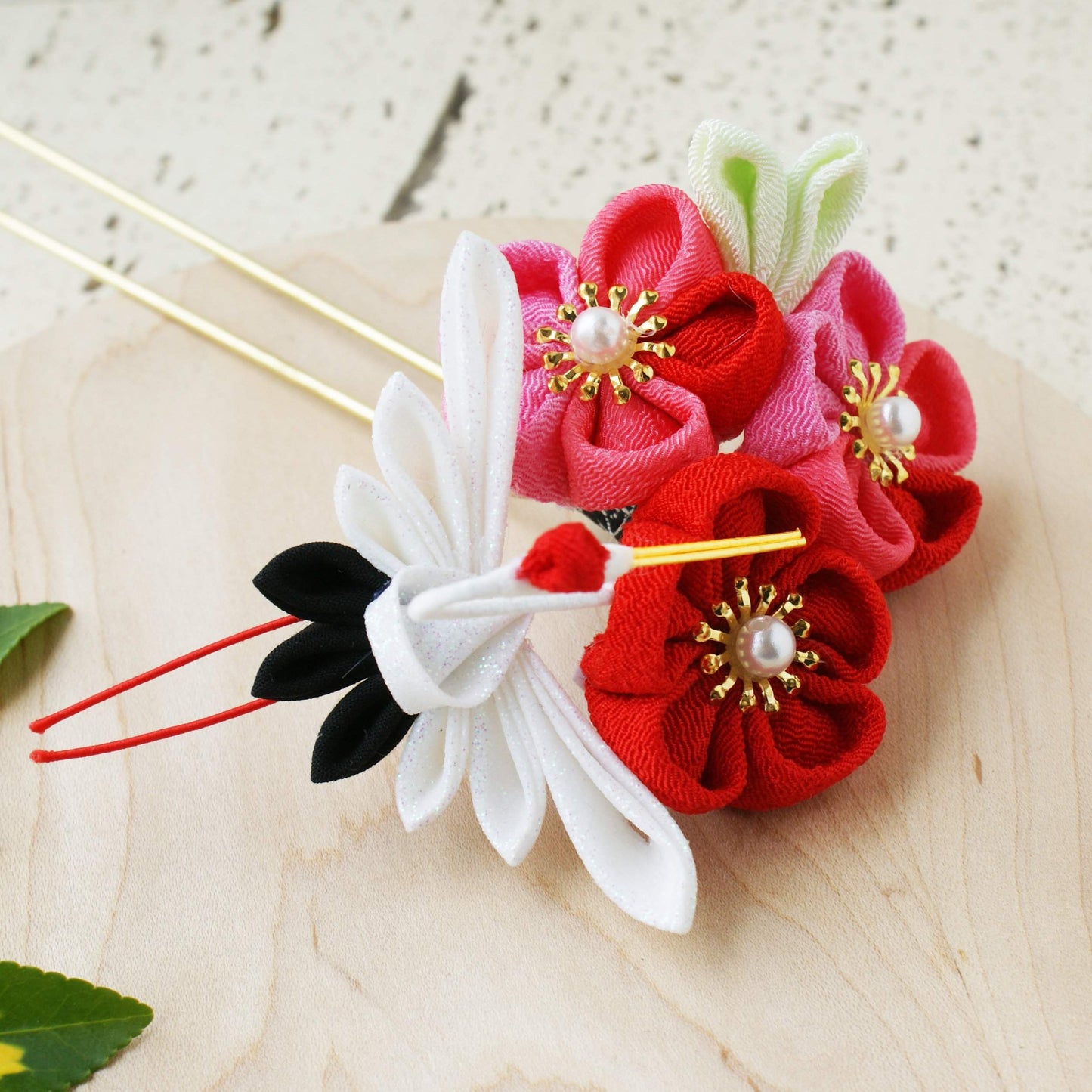 Japanese Crane with Plum Blossom Kanzashi Flower Hair Stick - Side