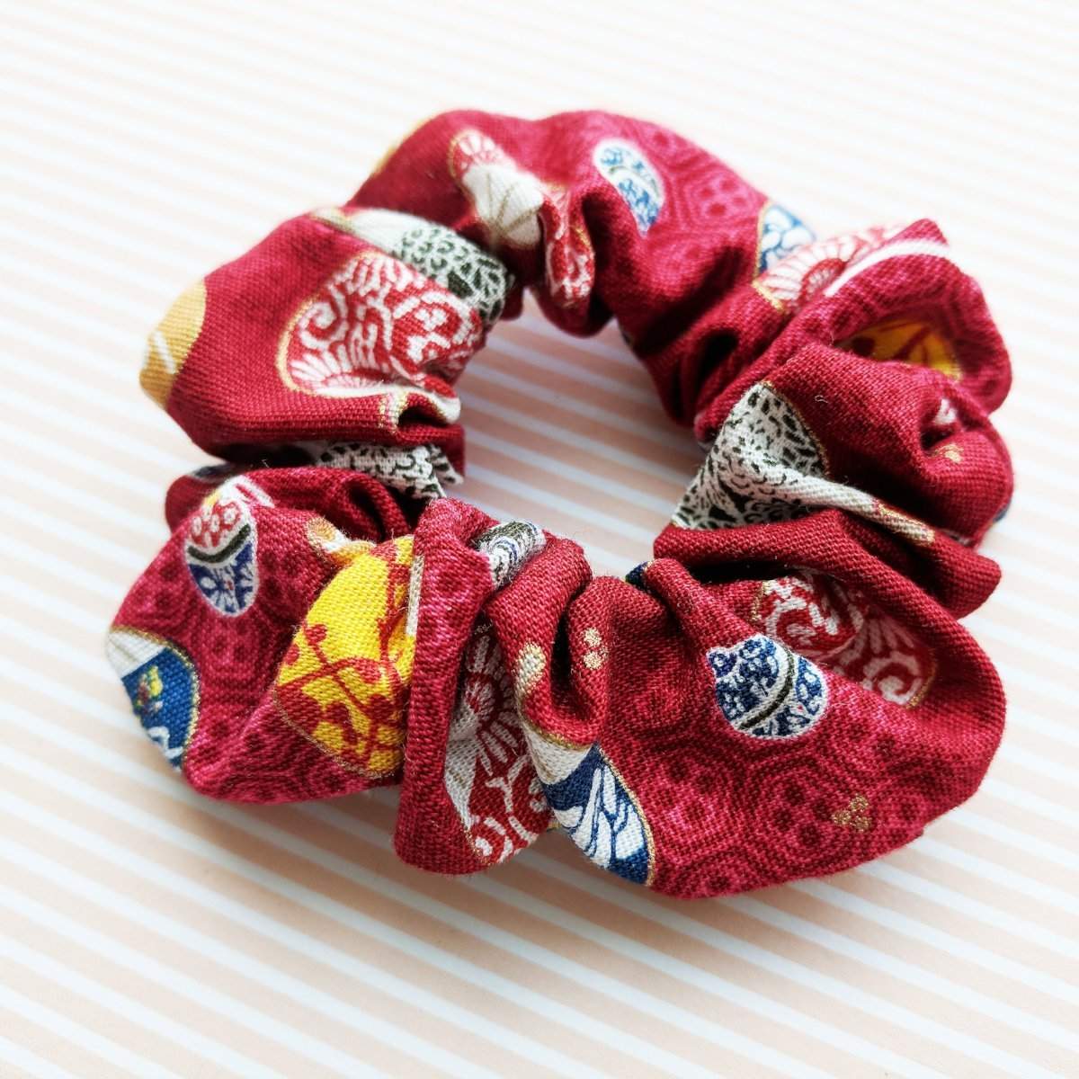 Fabric Scrunchie - Japanese Uchiwa Fan in Red - Side
