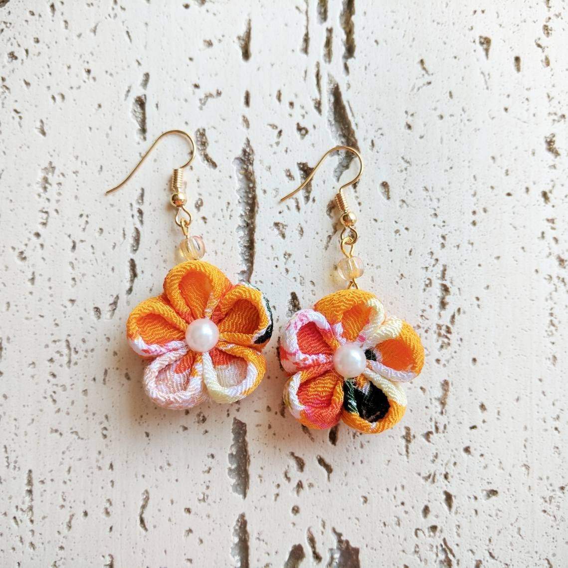 Japanese Kanzashi Plum Blossom Earrings for Kimono - Orange
