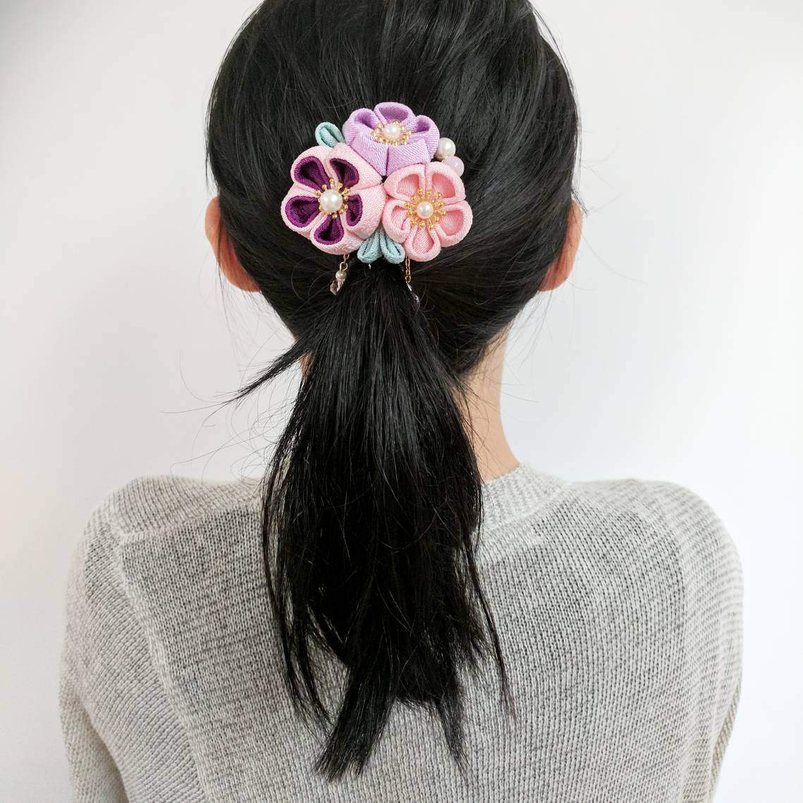 Japanese Kanzashi Spring Garden Blossoms Hair Clip for Kimono with model