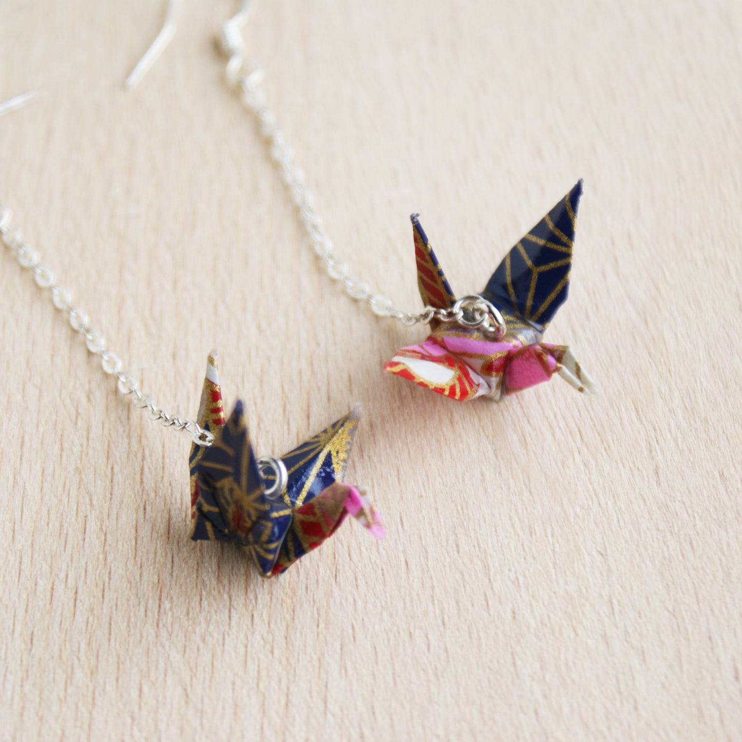 Japanese Origami Paper Crane Sterling Silver Earrings - Navy Red