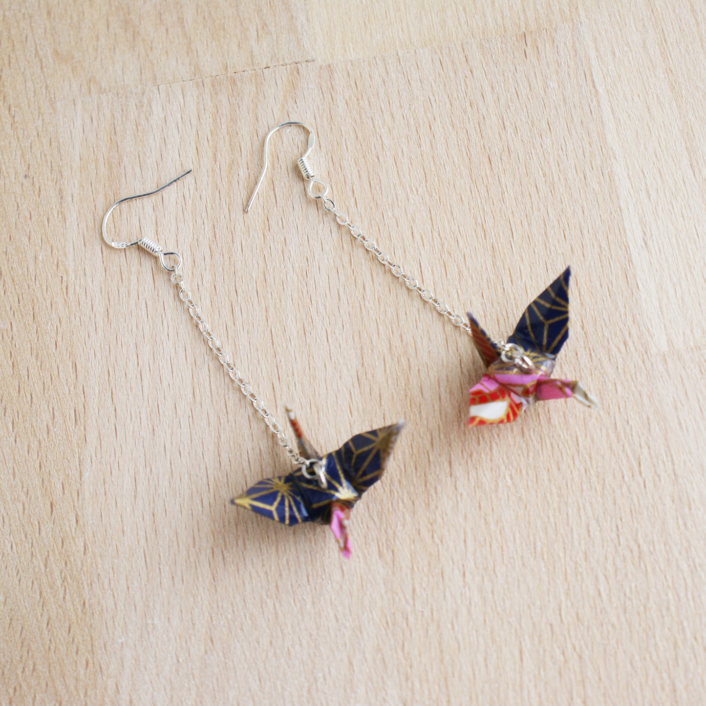 Japanese Origami Paper Crane Sterling Silver Earrings - Navy Red
