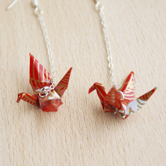 Japanese Origami Paper Crane Sterling Silver Earrings - Red Gold