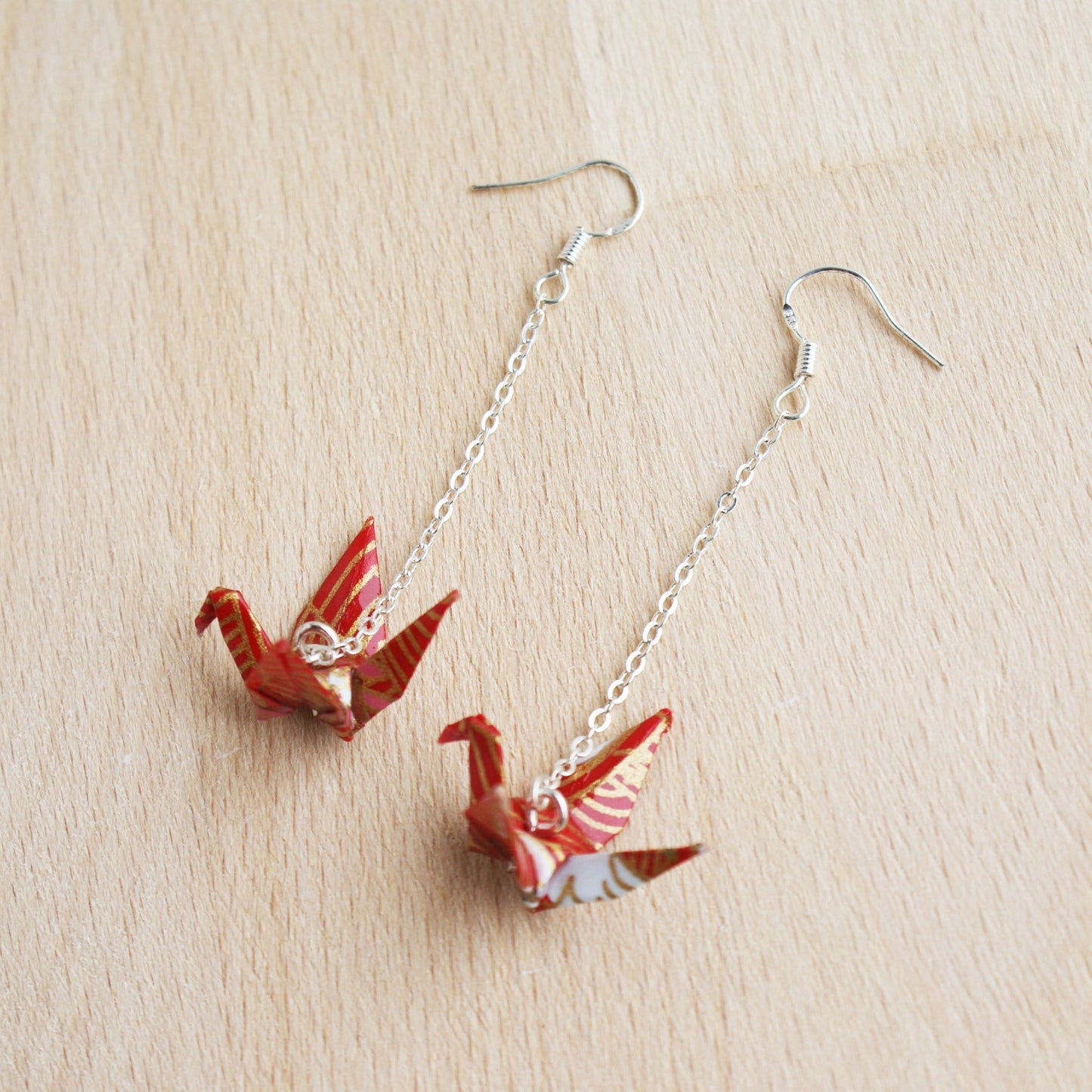 Japanese Origami Paper Crane Sterling Silver Earrings - Red Gold