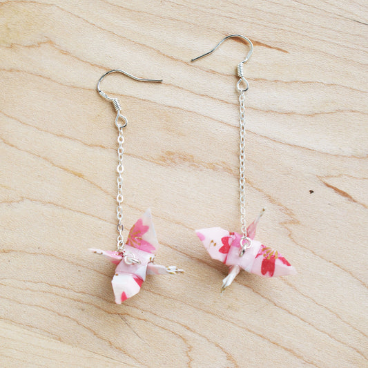 Japanese Origami Paper Crane Sterling Silver Earrings - Sakura Pink