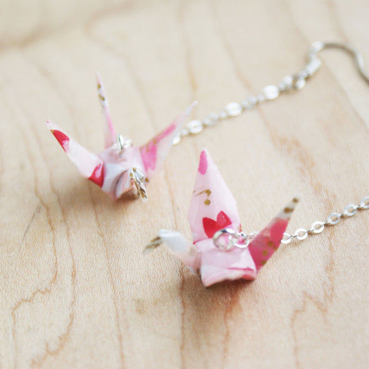 Japanese Origami Paper Crane Sterling Silver Earrings - Sakura Pink