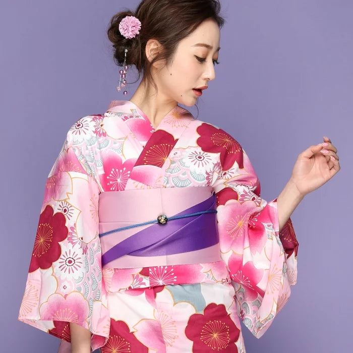 Japanese yukata with cherry blossom and plum blossom in pink