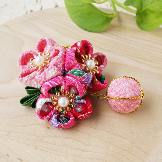 Kanzashi Plum Blossoms Ball Pendant Hair Clip for Japanese Kimono Closeup