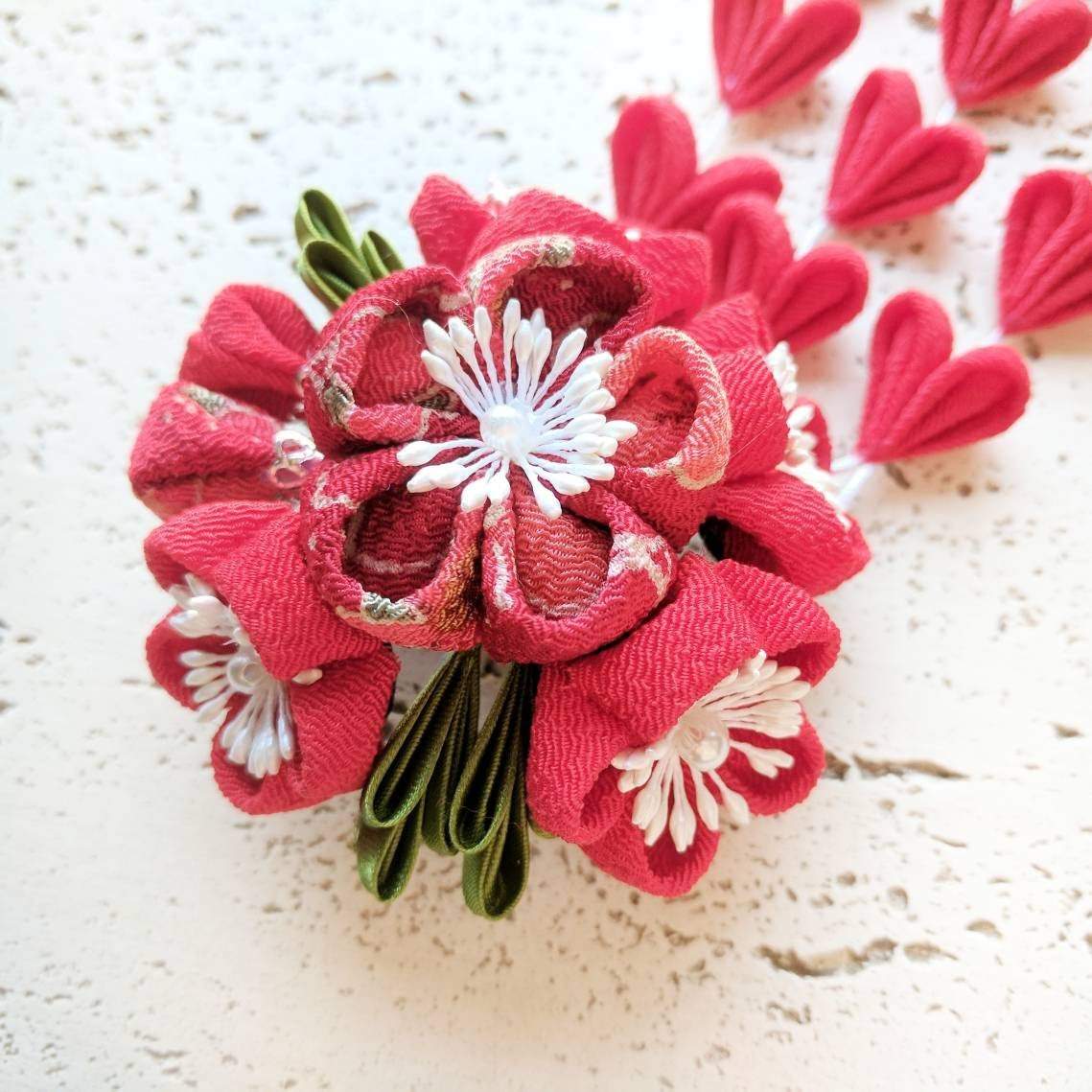Kanzashi Plum Blossoms Bouquet Hair Clip for Japanese Kimono - Closeup