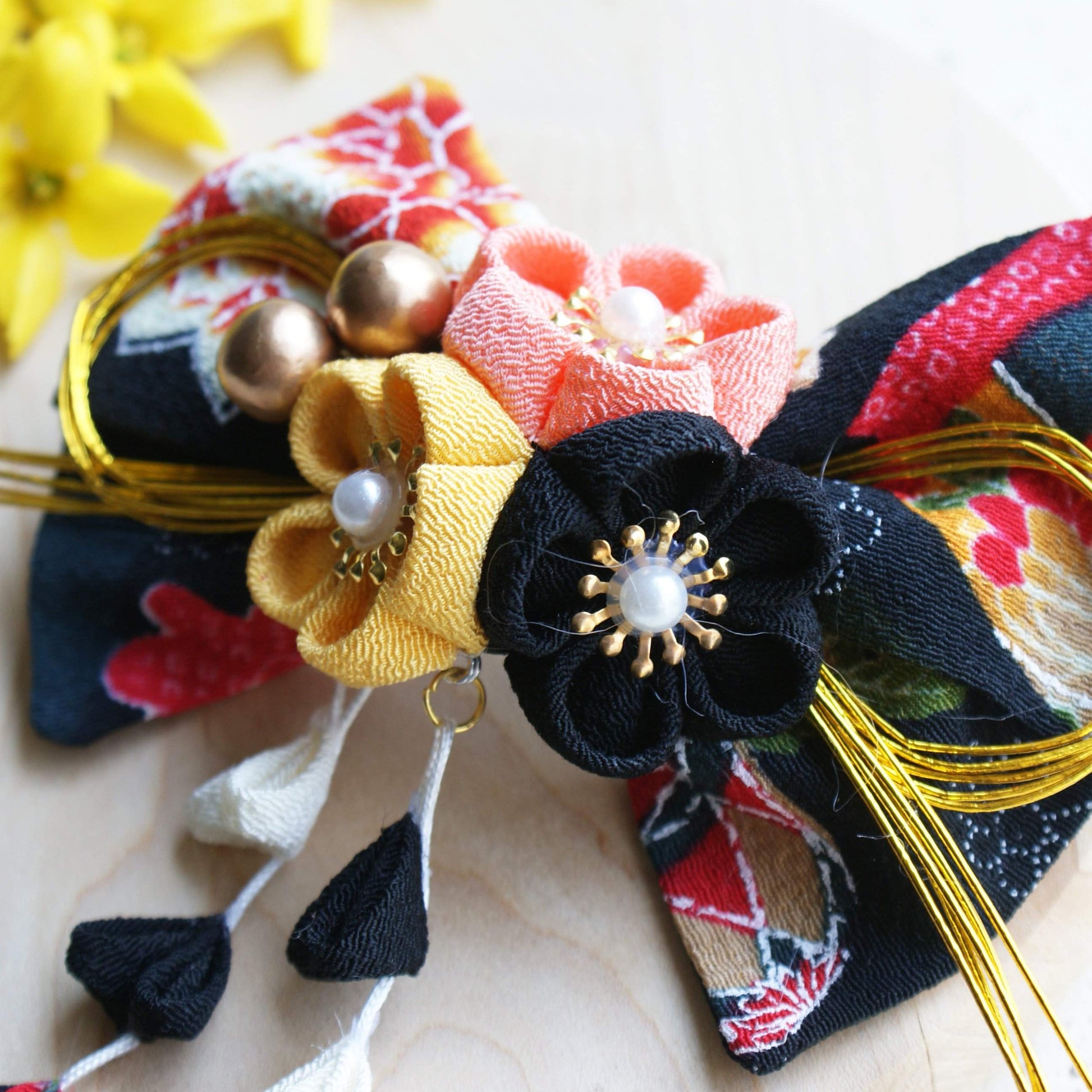 Kanzashi Plum Blossoms Dangle Hair Bow for Japanese Kimono - Closeup