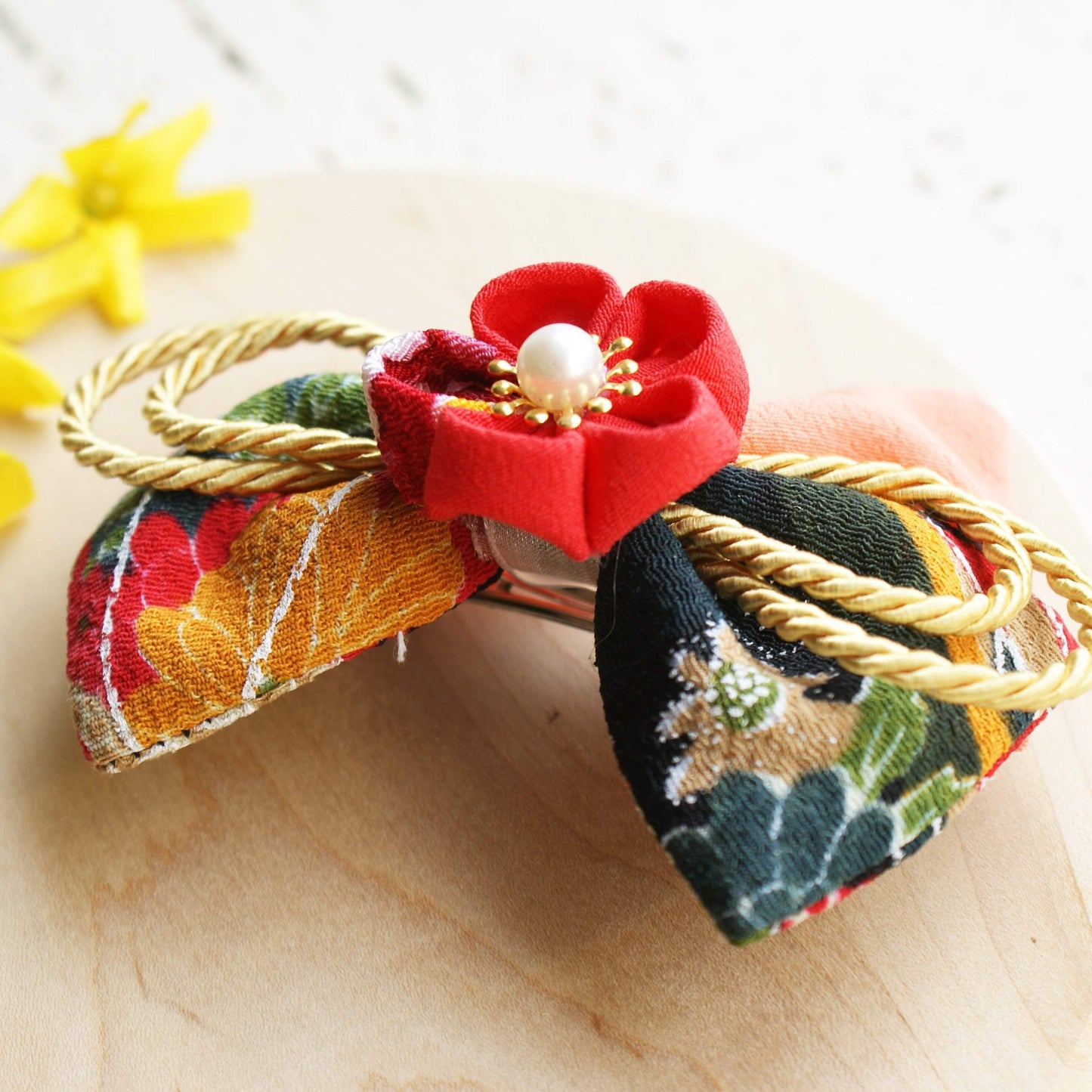 Kanzashi Plum Blossoms and Gold Bell Bow for Japanese Kimono - Side