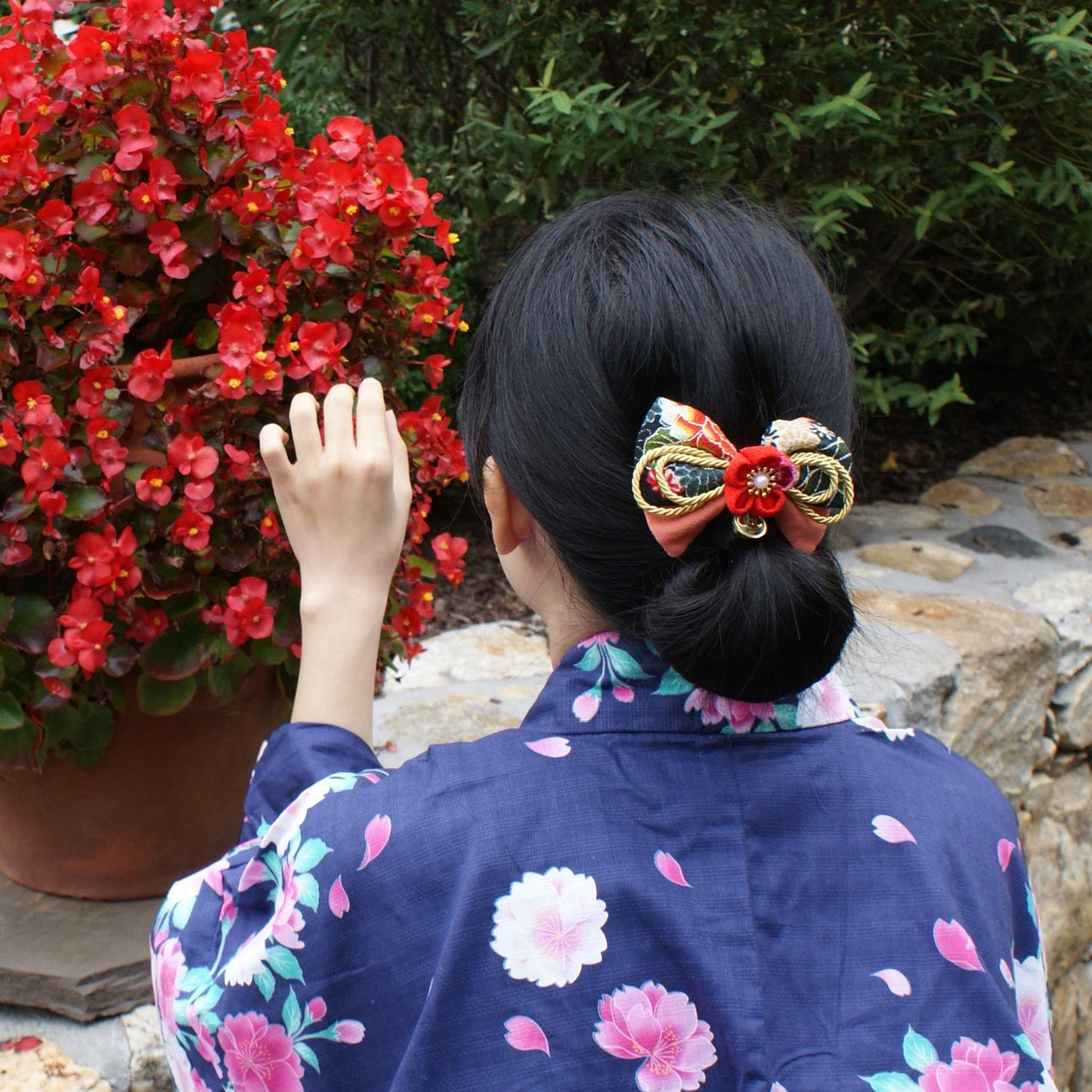 Kanzashi Plum Blossoms and Gold Bell Bow for Japanese Kimono with model