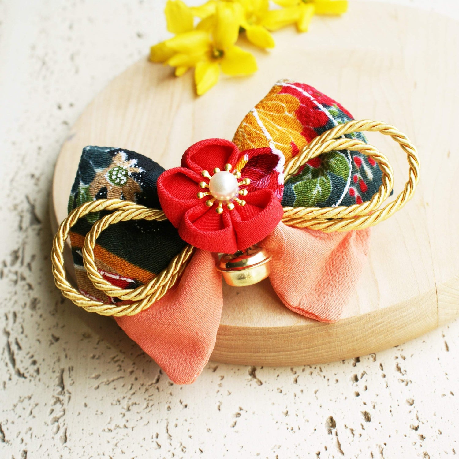 Kanzashi Plum Blossoms and Gold Bell Bow for Japanese Kimono