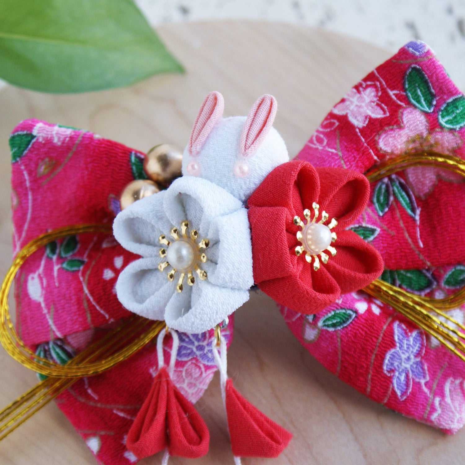 Kanzashi Plum Blossoms and Moon Bunny Hair Bow for Japanese Kimono