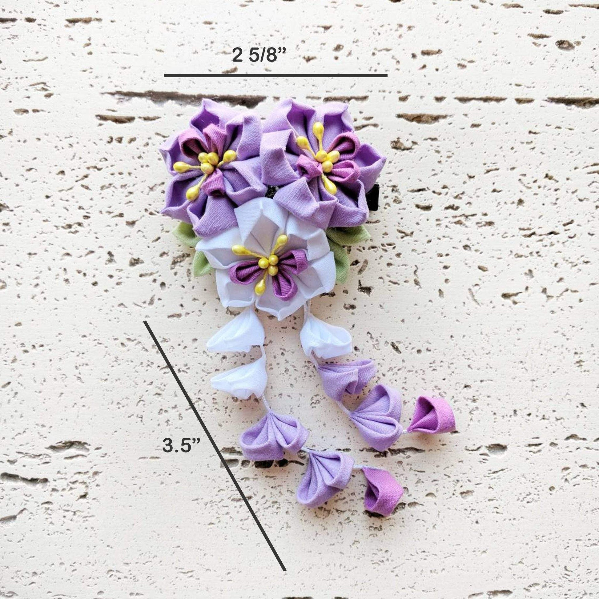 Kanzashi Purple Narcissus Flowers Dangle Hair Clip for Japanese Kimono - Dimensions