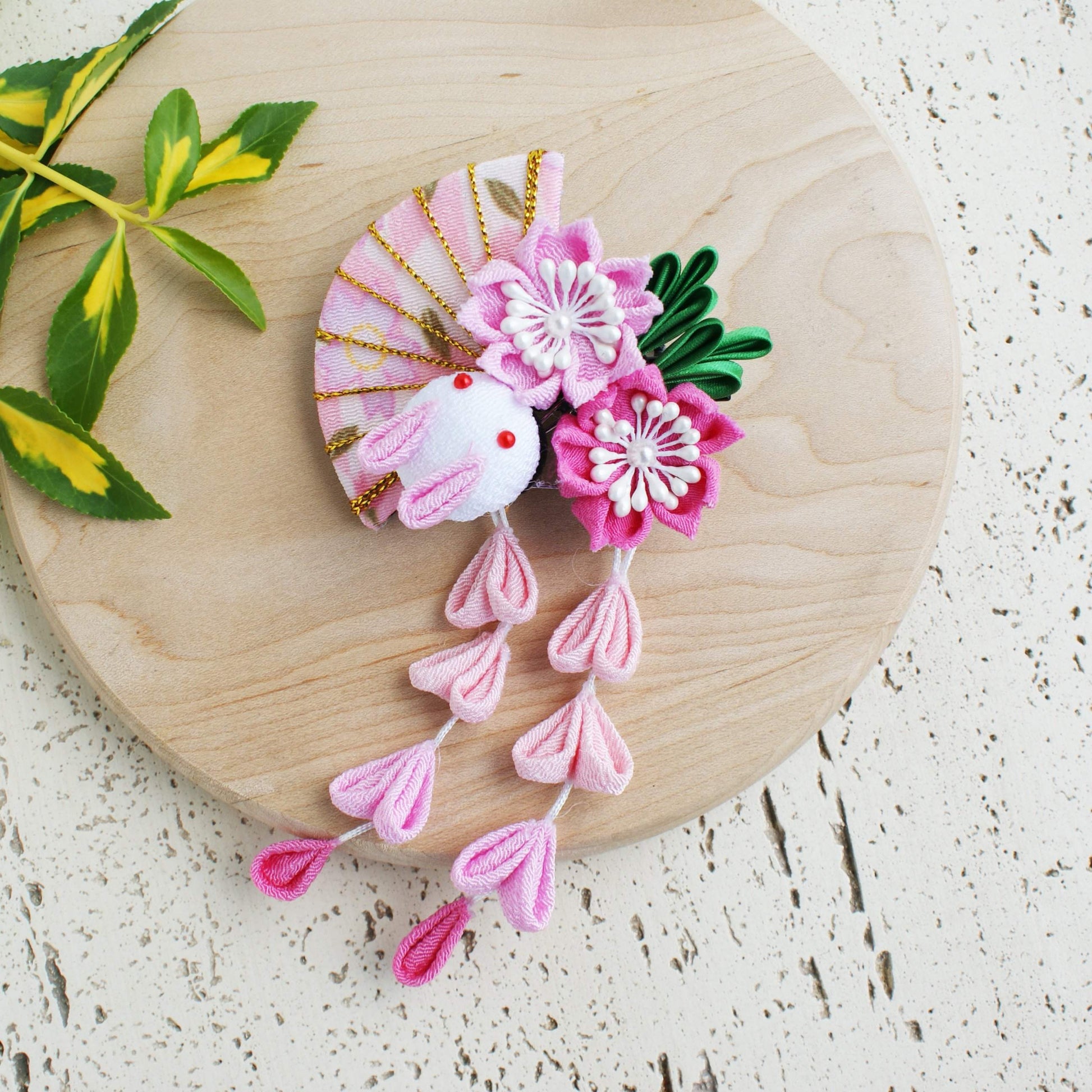 Kanzashi Rabbit, Fan, and Cherry Blossoms Dangle Hair Clip for Japanese Kimono - Pink