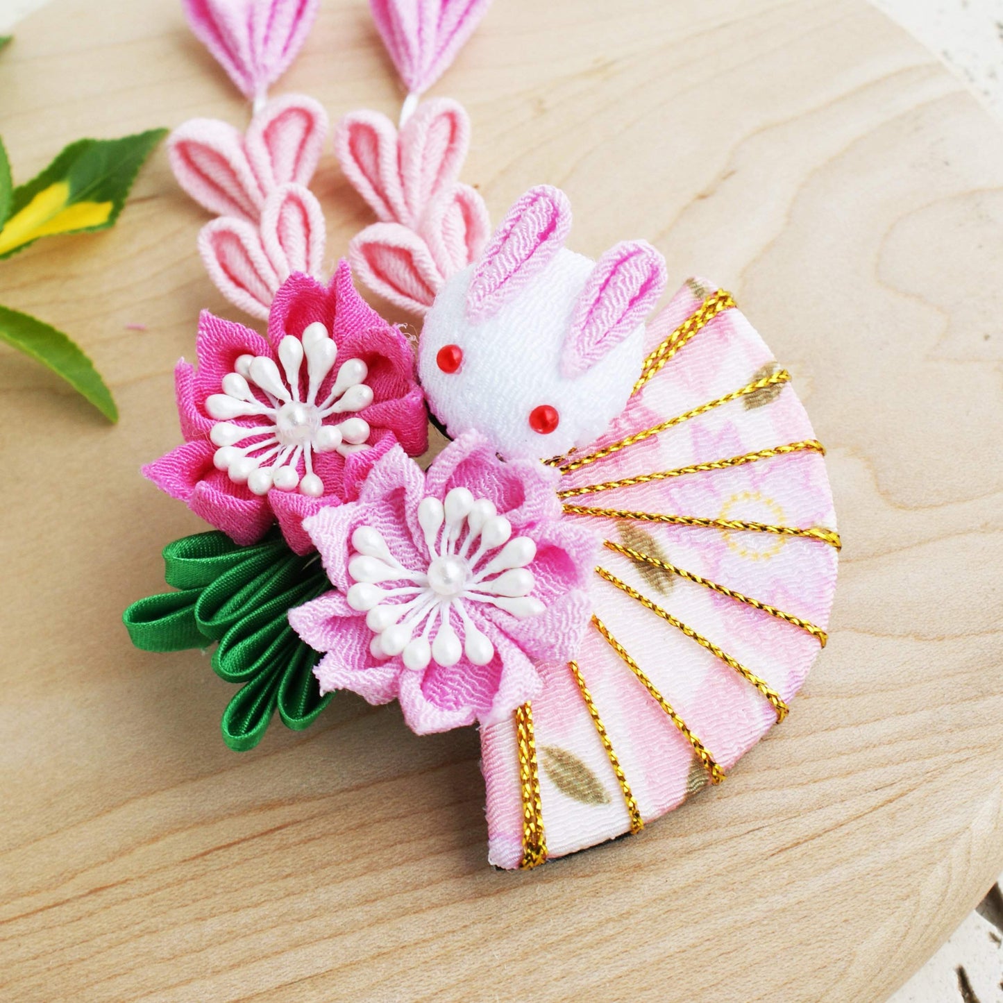 Kanzashi Rabbit, Fan, and Cherry Blossoms Dangle Hair Clip for Japanese Kimono - Side