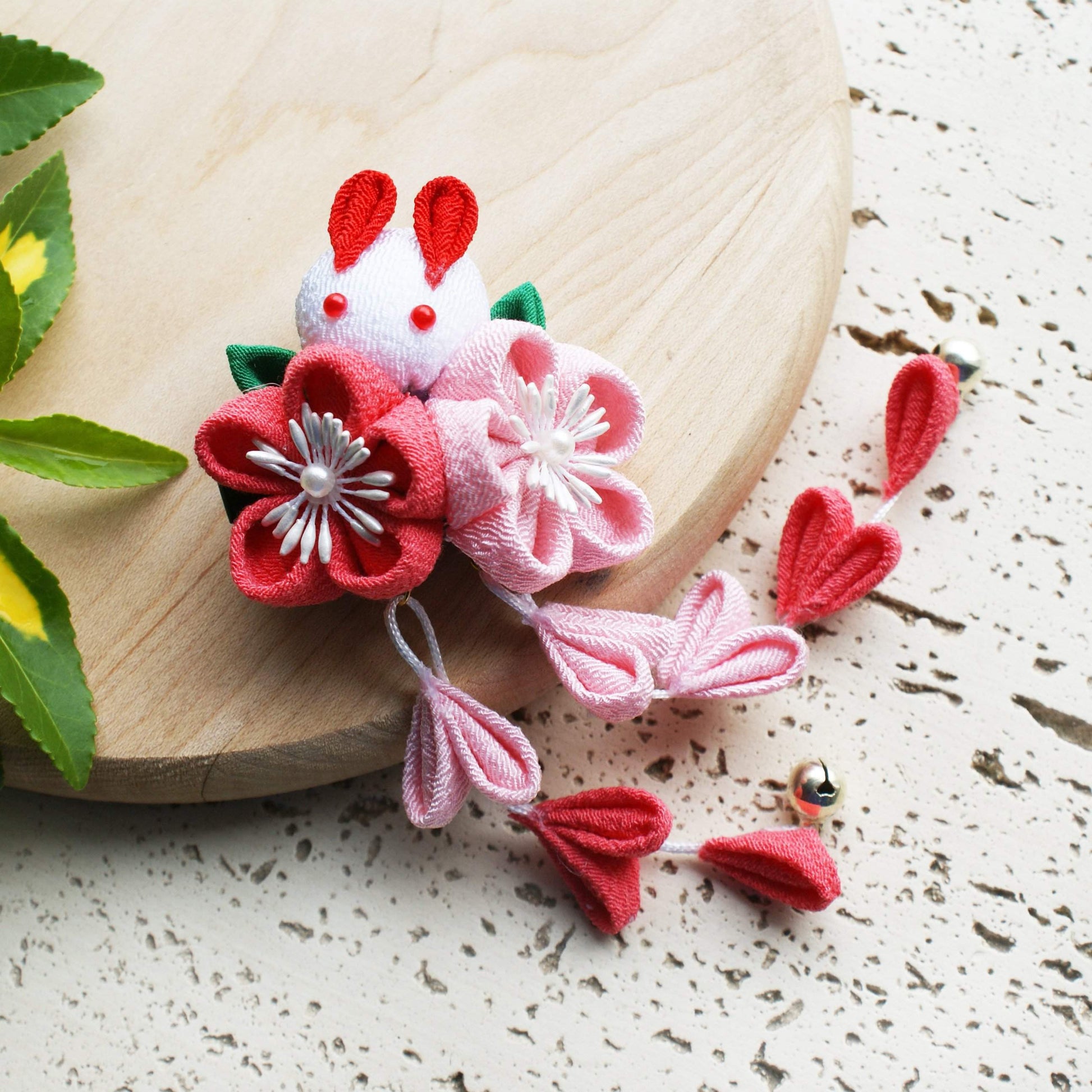 Kanzashi Rabbit and Plum Blossoms Dangle Hair Clip for Japanese Kimono - Pink