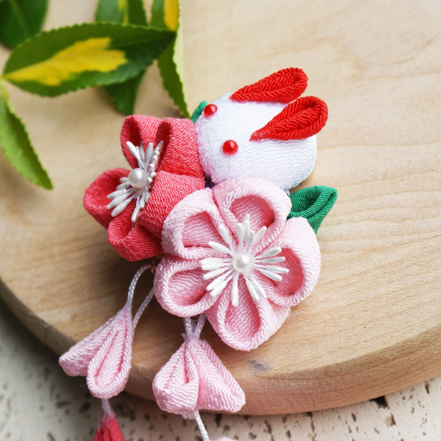 Kanzashi Rabbit and Plum Blossoms Dangle Hair Clip for Japanese Kimono - Side 2