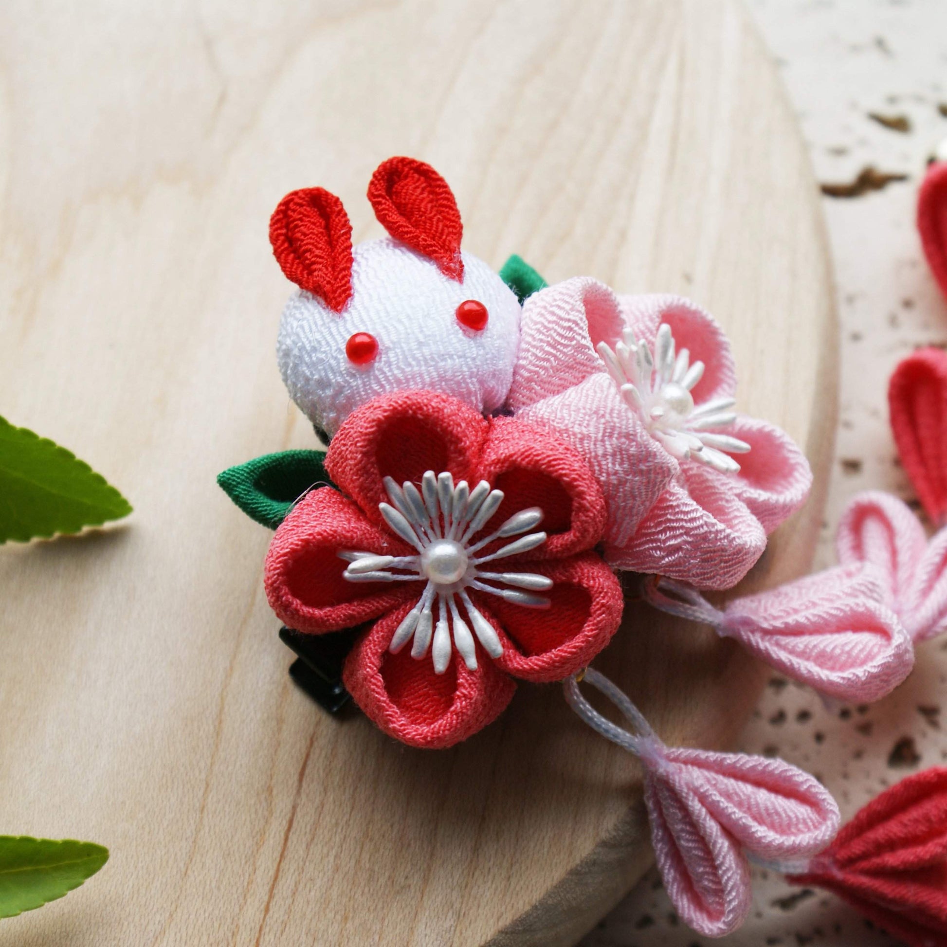 Kanzashi Rabbit and Plum Blossoms Dangle Hair Clip for Japanese Kimono - Side