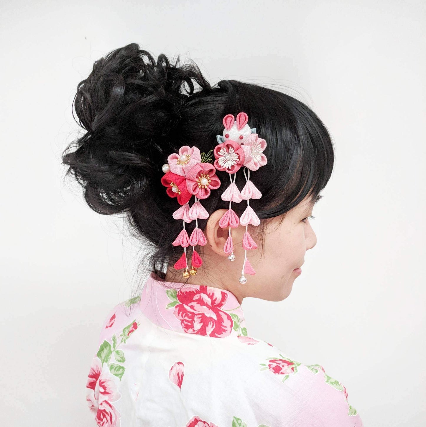 Kanzashi Rabbit and Plum Blossoms Dangle Hair Clip for Japanese Kimono with model