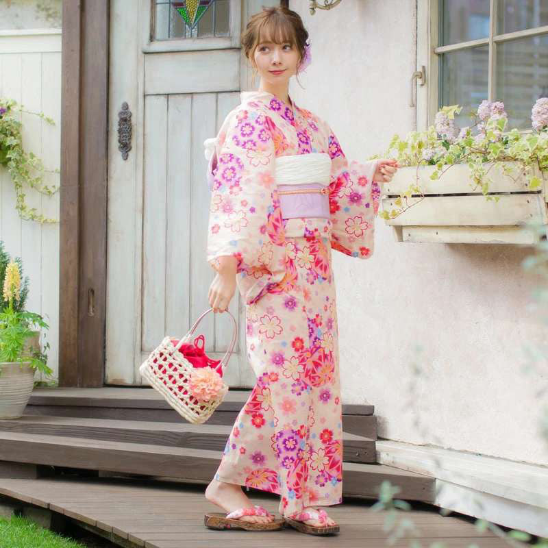 Yukata Kimono - Cherry Blossoms and Temari Balls in Beige (Style #2428) ( Discontinued )