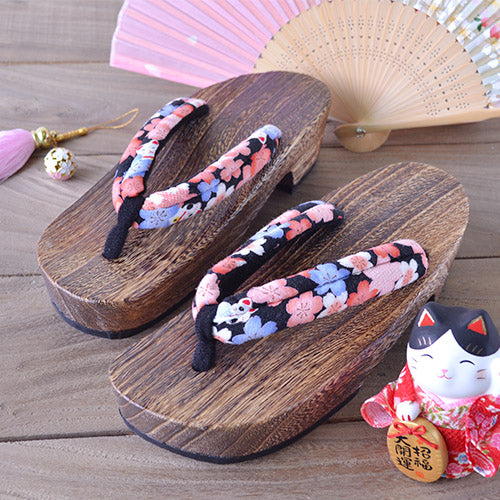 Geta Sandals for Women - Lucky Cat Cherry Blossoms Black