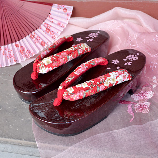 Geta Sandals for Women - Red Cherry Blossoms and Plum Blossoms
