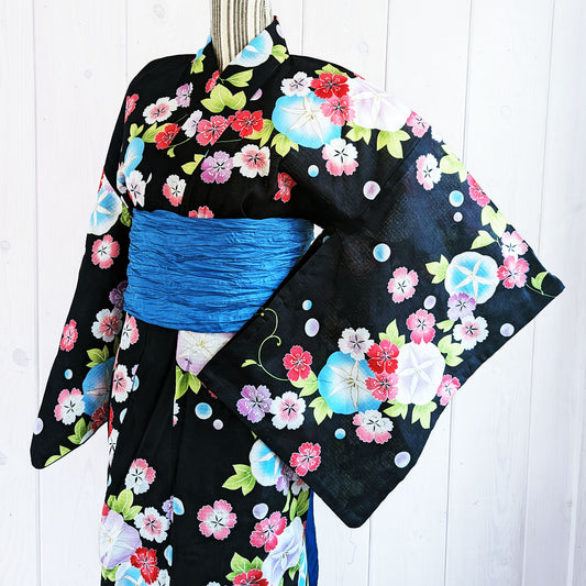 Japanese Yukata Kimono - Colorful Morning Glory and Cherry Blossom in Black