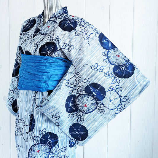 Japanese Yukata Kimono - Blue Morning Glories in Patterned Blue and White