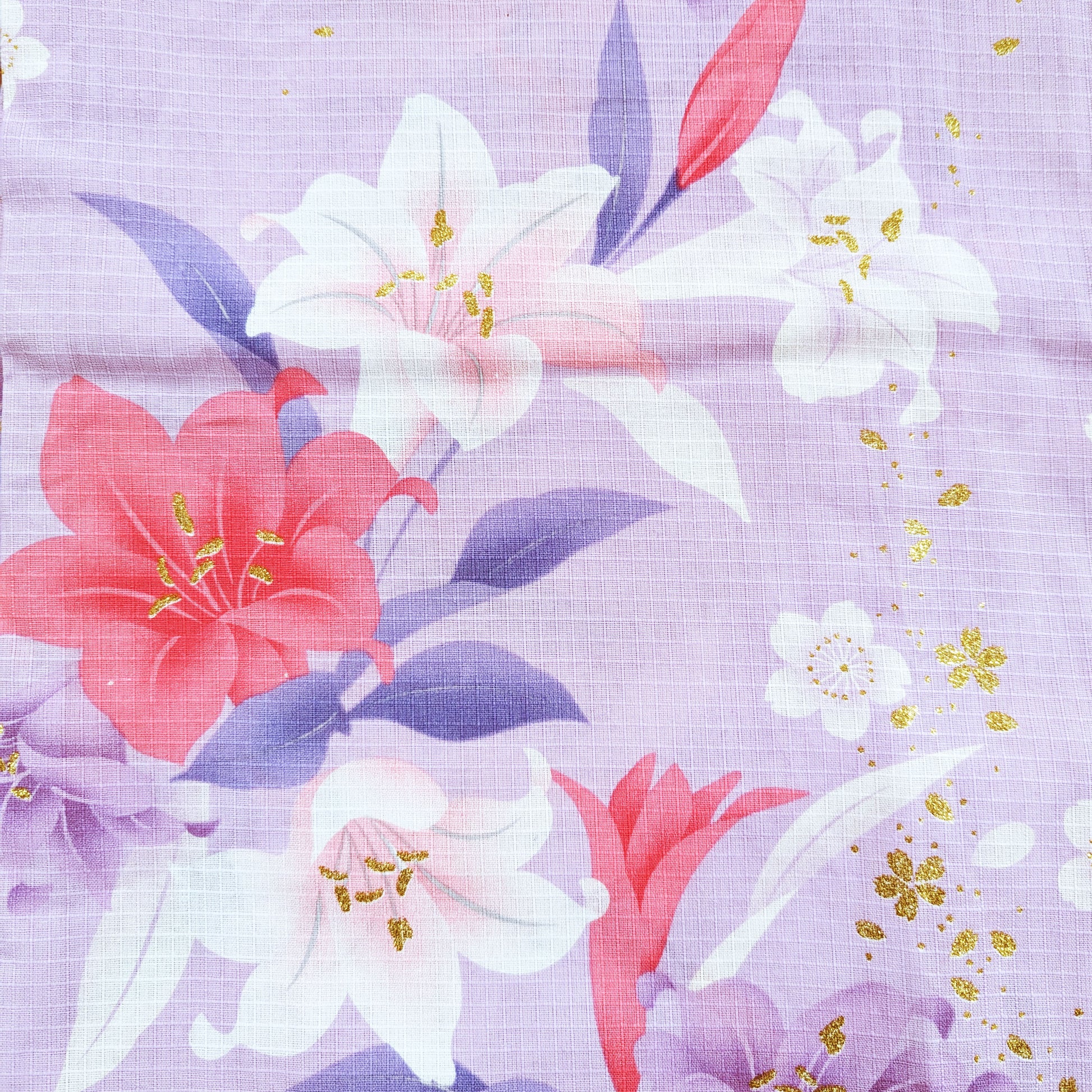 Women's Japanese Yukata Kimono - Pink and Red Lilies in Light Purple