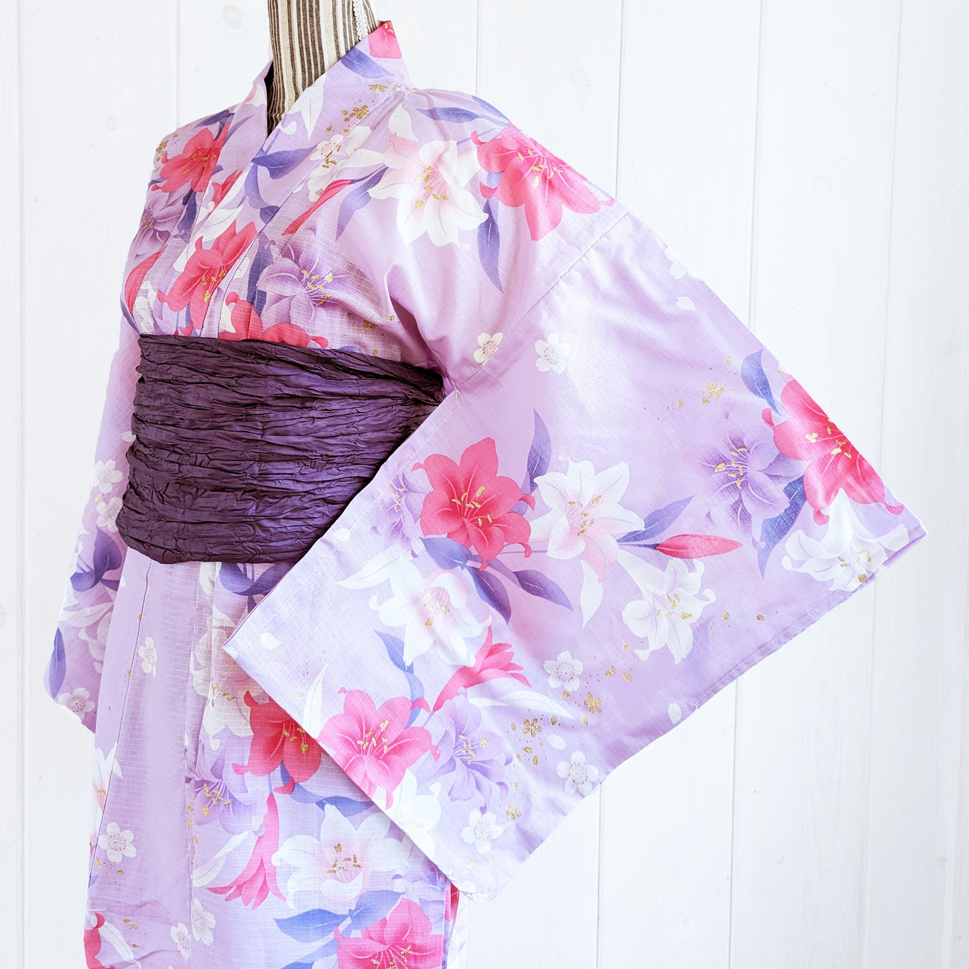 Women's Japanese Yukata Kimono - Pink and Red Lilies in Light Purple