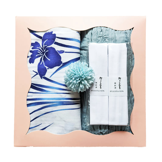 Japanese Yukata Kimono Gift Set - Blue Irises in White
