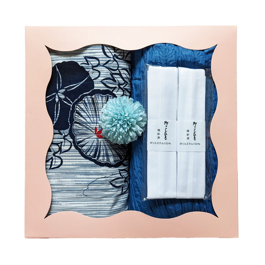 Japanese Yukata Kimono Gift Set - Blue Morning Glories in Patterned Blue and White