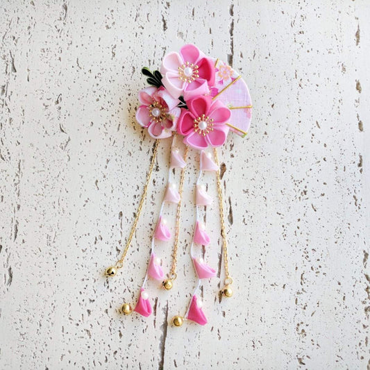 Summer Breeze Fan and Plum Blossoms Dangle Hair Piece for Kimono - Pink