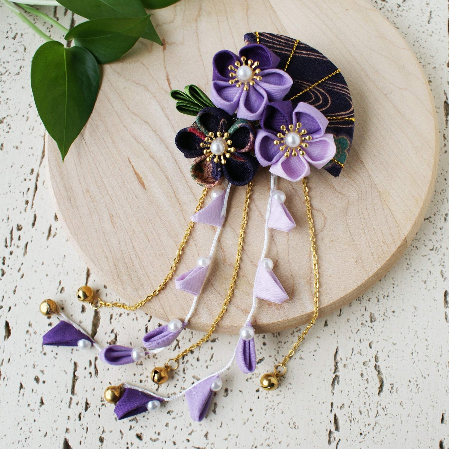 Summer Breeze Fan and Plum Blossoms Dangle Hair Piece for Kimono - Purple