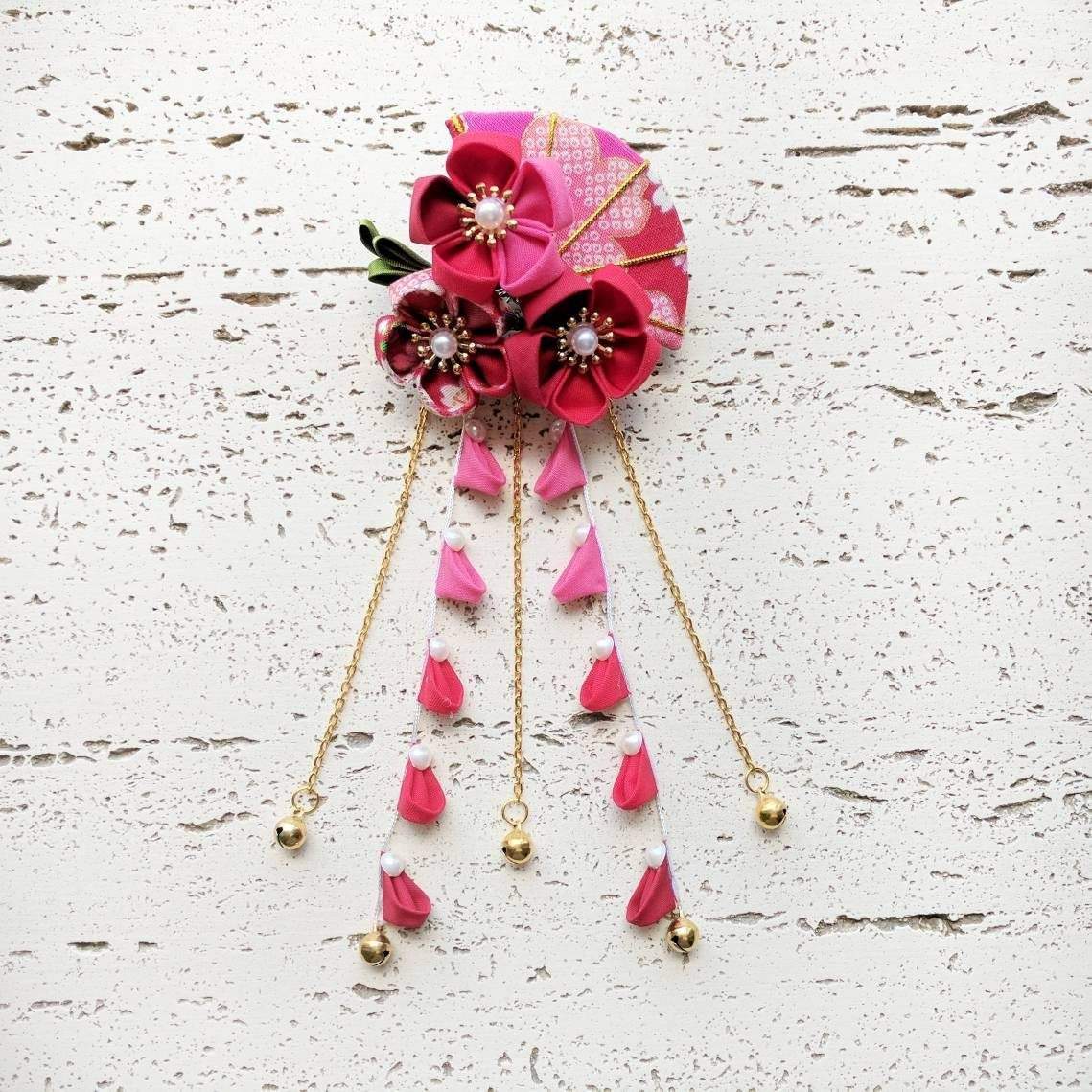 Summer Breeze Fan and Plum Blossoms Dangle Hair Piece for Kimono - Red
