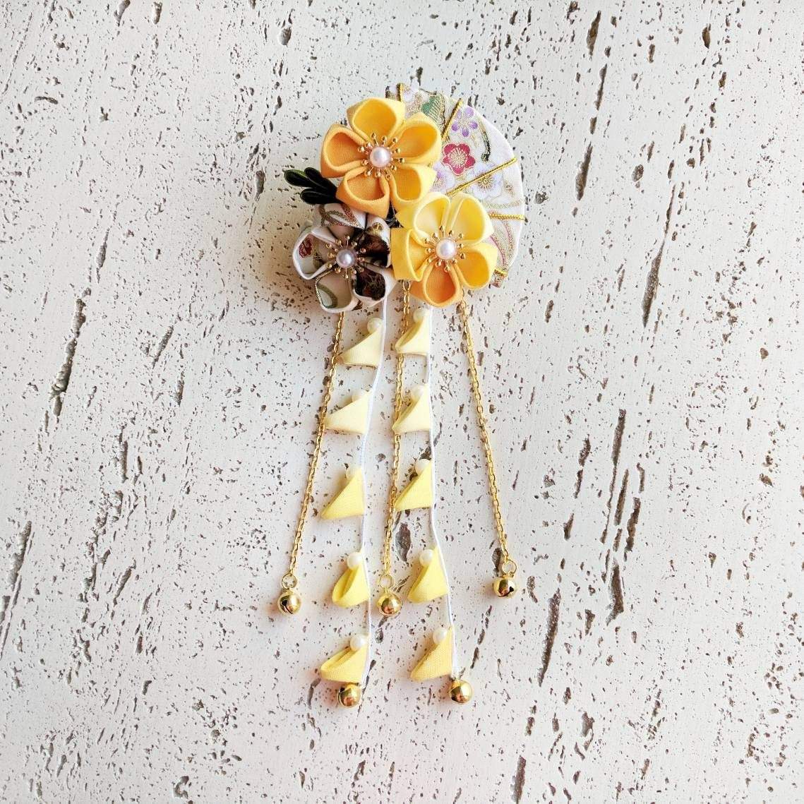 Summer Breeze Fan and Plum Blossoms Dangle Hair Piece for Kimono - Yellow