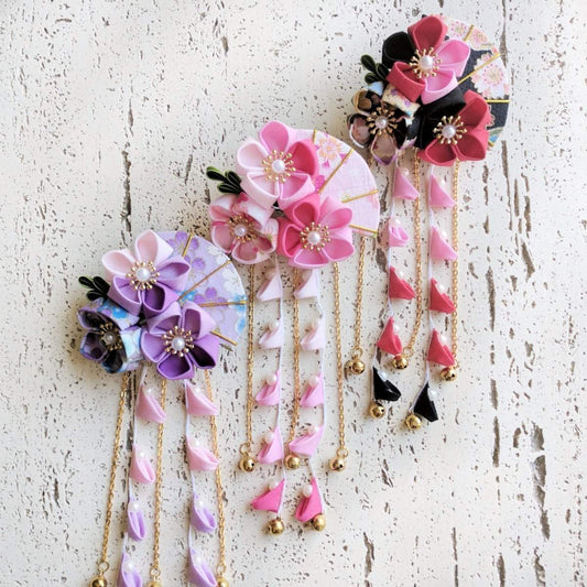 Summer Breeze Fan and Plum Blossoms Dangle Hair Piece for Kimono