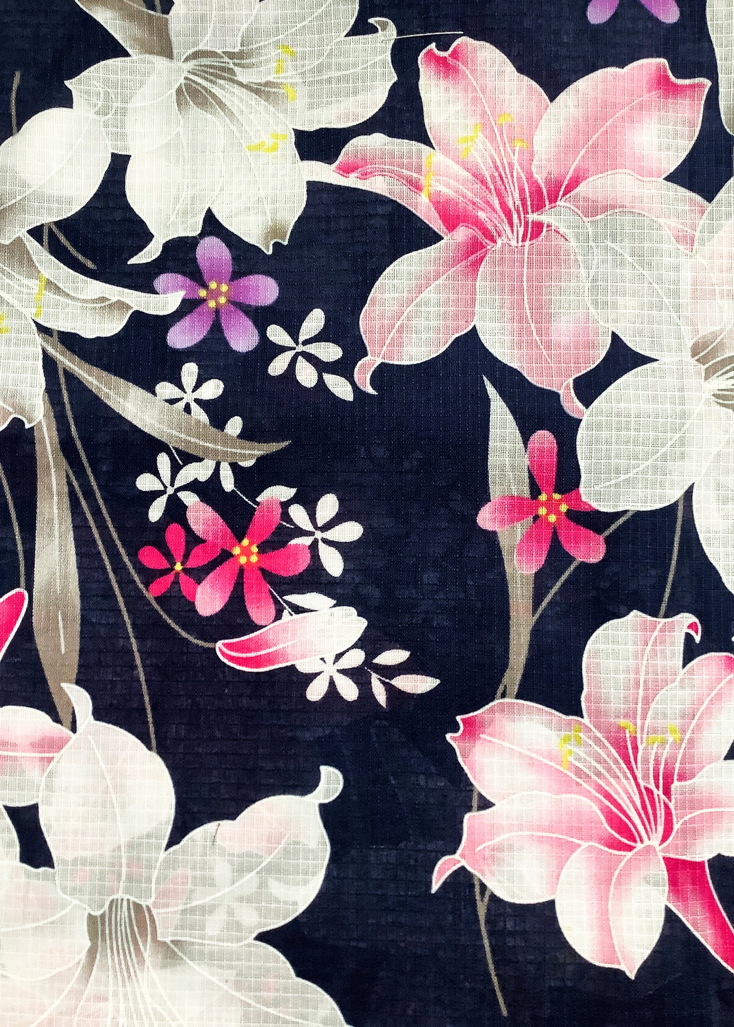 Yukata Kimono - Pink and White Lilies in Indigo
