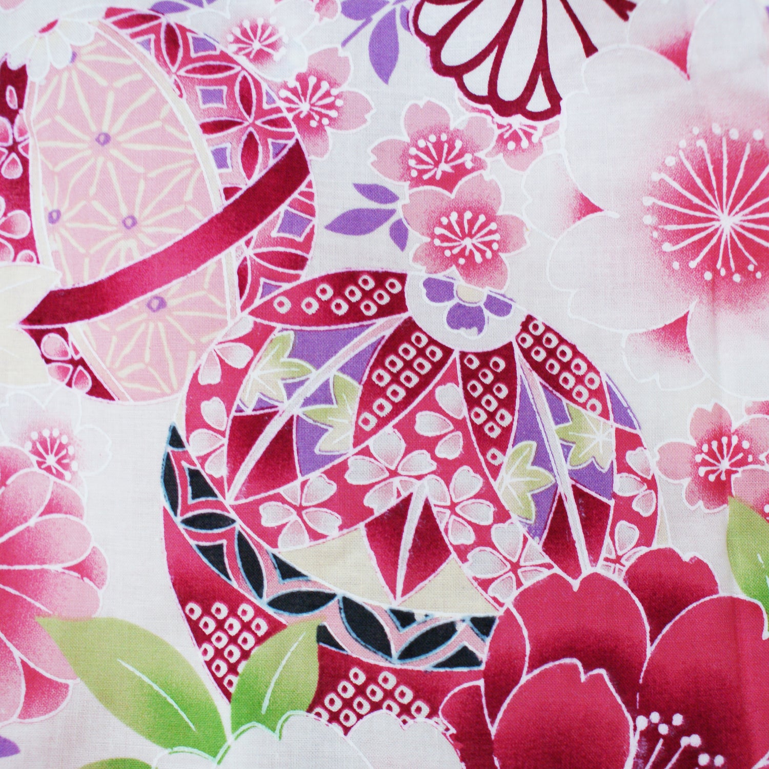 Yukata Kimono - Cherry Blossoms and Temari Balls Pink - Pattern