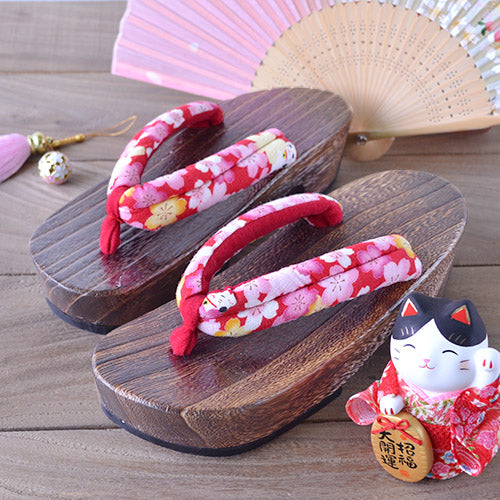 Geta Sandals for Women - Lucky Cat Cherry Blossoms Red ( Discontinued )