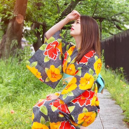Yukata Kimono - Orange Camellia